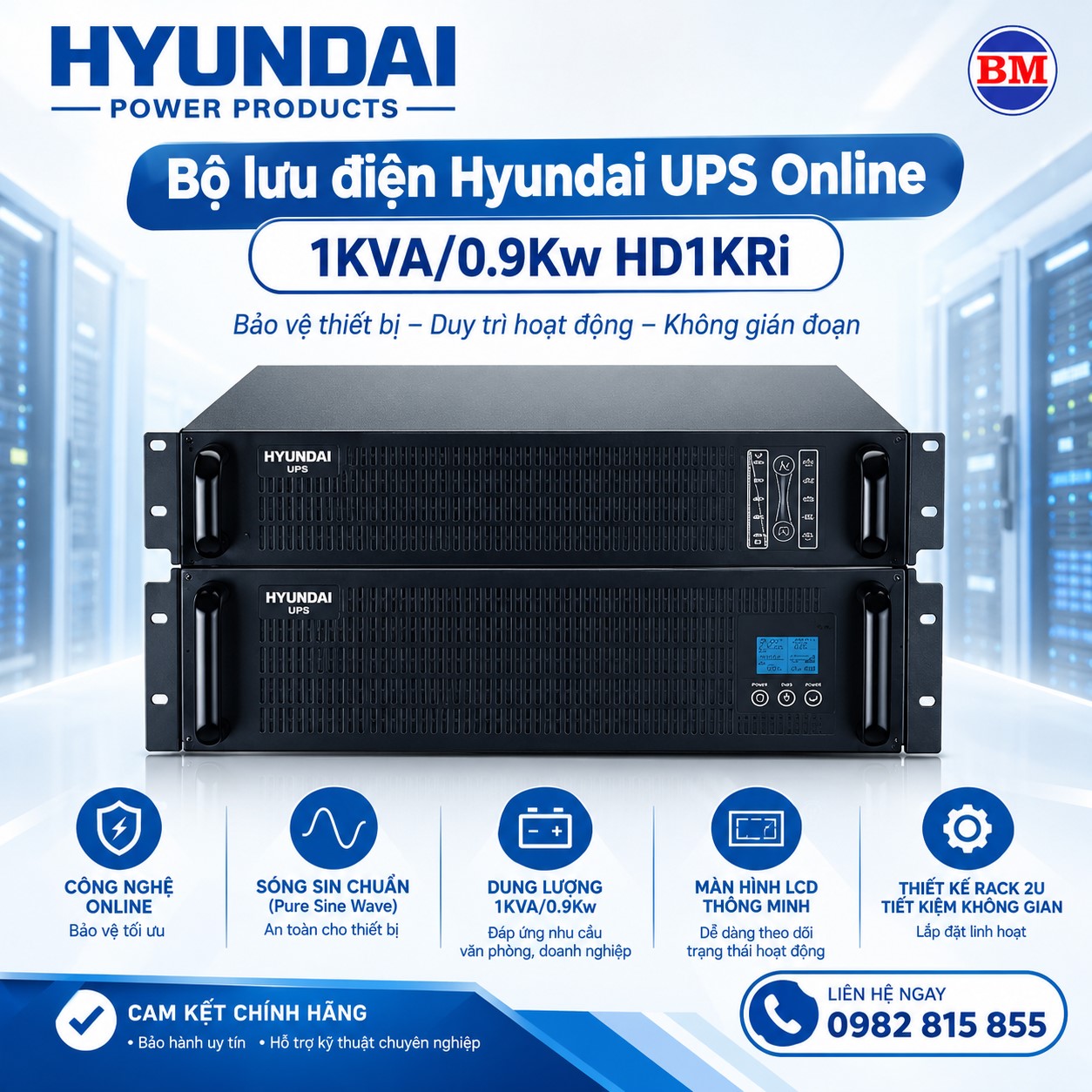 Bộ lưu điện Hyundai UPS Online 1KVA/0.9Kw HD-1KRi