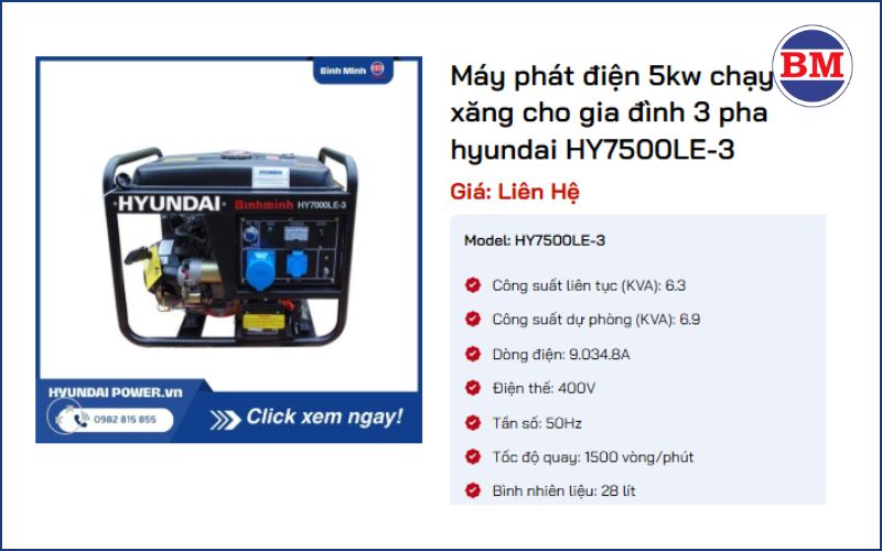 Máy Phát điện 5kw Chạy Xăng Cho Gia đình Hyundai Hy7500le 3 Pha