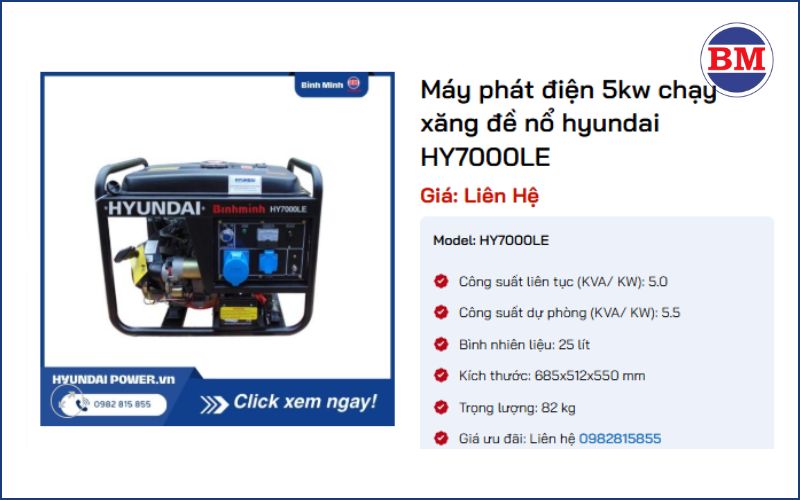 Máy Phát điện 5kw Chạy Xăng đề Nổ Hyundai Hy7000le