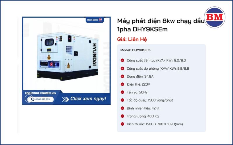 Máy Phát điện 8kw Chạy Dầu 1pha