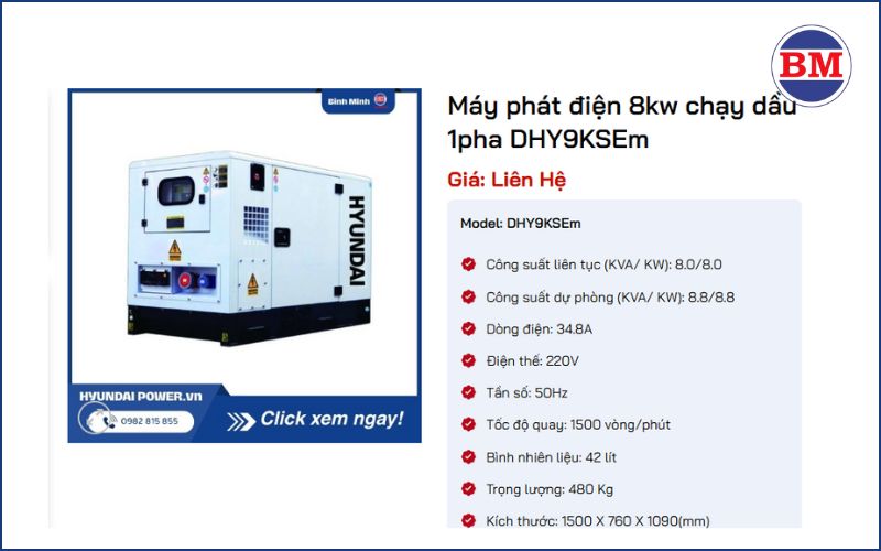 Máy Phát điện 8kw Chạy Dầu 1pha Dhy9ksem