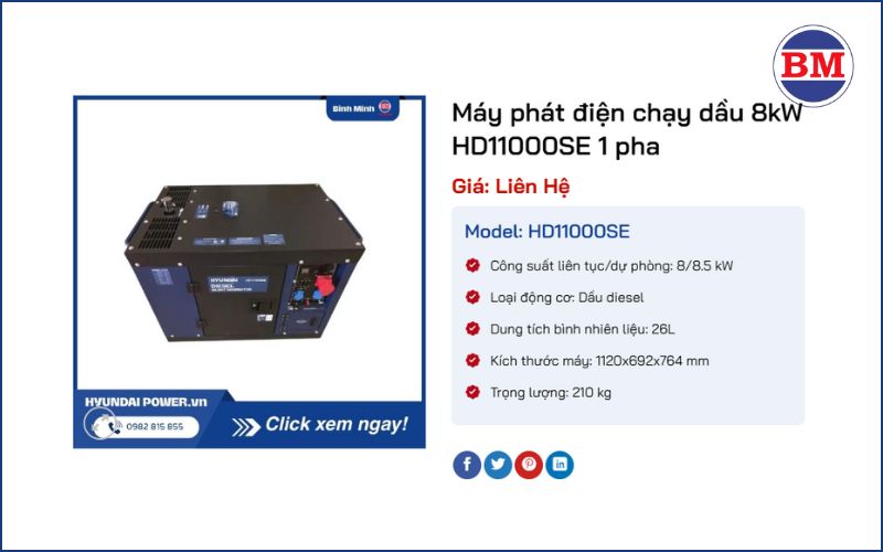 Máy Phát điện Chạy Dầu 8kw Hd11000se 1 Pha