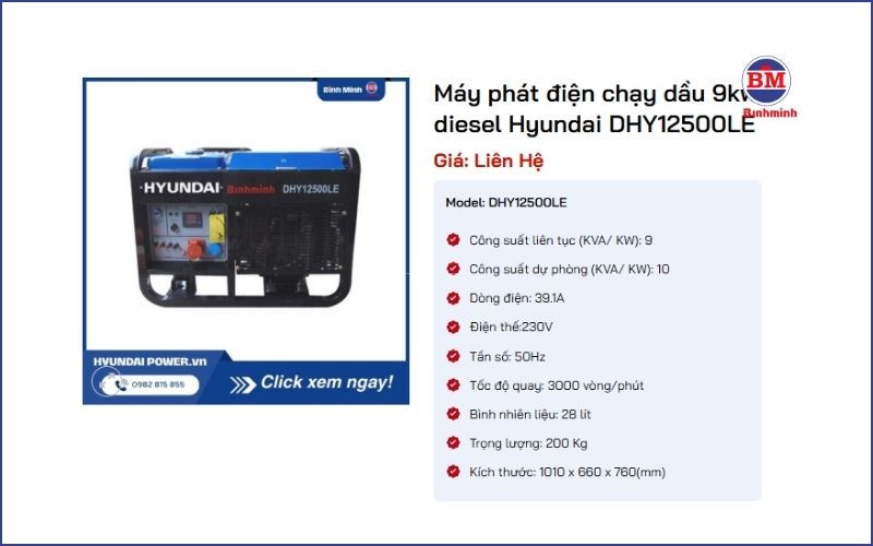 Máy Phát Điện 9kw Hyundai Dhy12500le